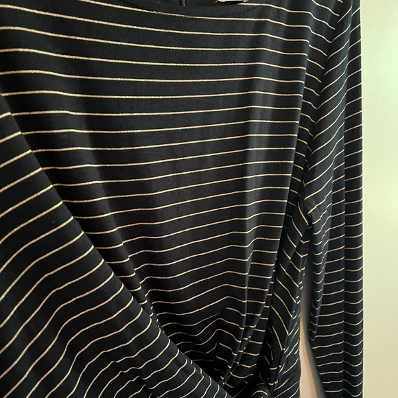 LOFT Long Sleeve Faux Tie Waist Black Dress with Gold Thin Stripes Women’s Large - Picture 3 of 6